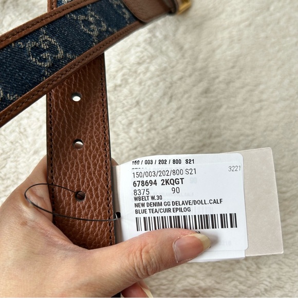 NWT Authentic Gucci Denim-Paneled Leather Belt Blue Size 90 - Picture 6 of 6